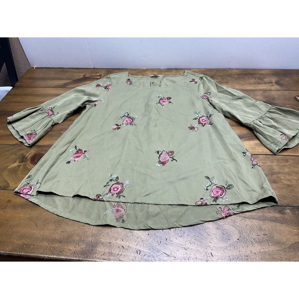 John Mark Women's M Olive Green Floral Embroidered Tunic Top 3/4 Bell Sleeve